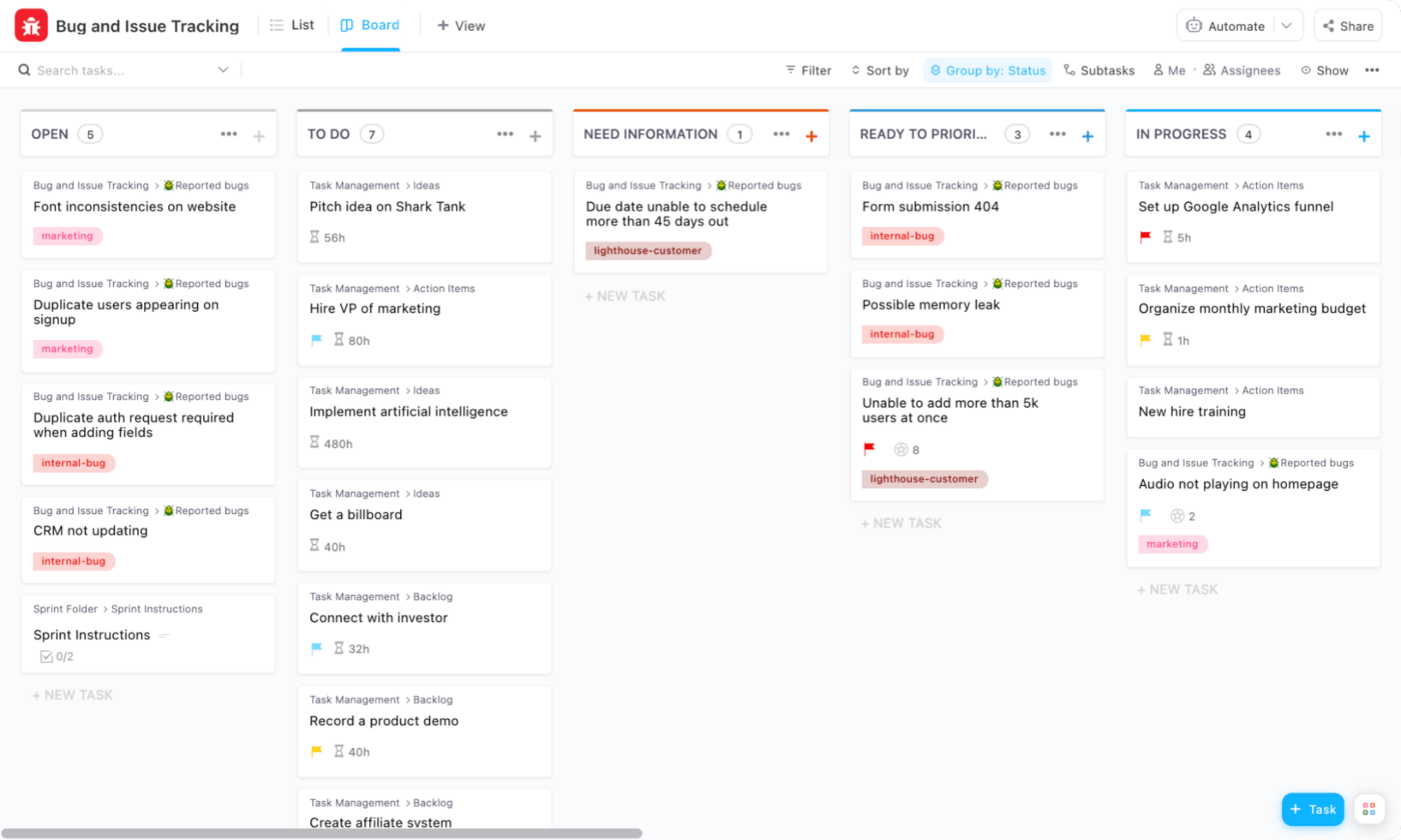 templat pelacakan bug dan masalah dengan clickup