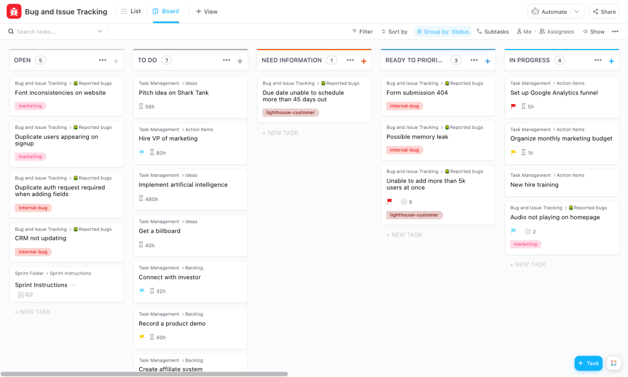 Modèle de suivi des bogues et des problèmes ClickUp