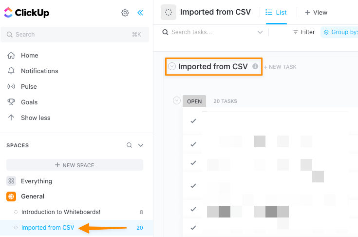 abra el archivo excel importado desde su espacio de trabajo clickup