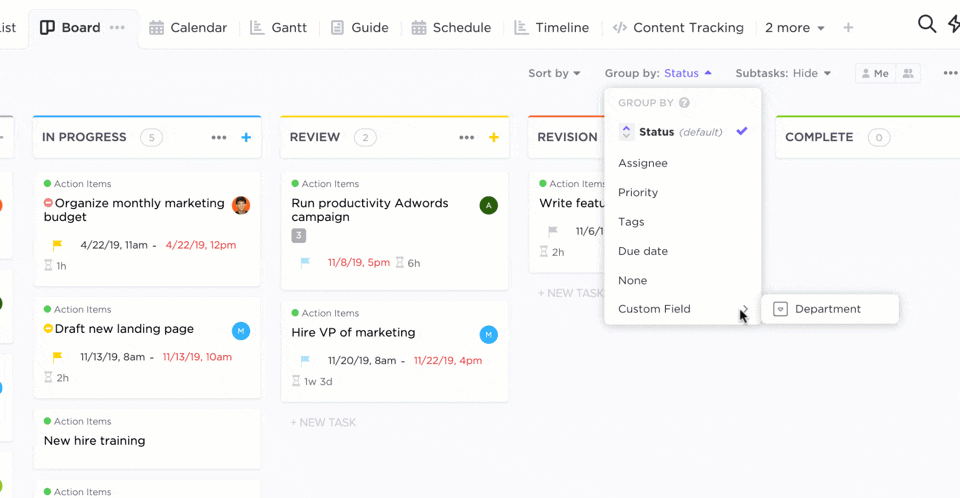 Regroupement des tâches dans la vue Tableau dans ClickUp