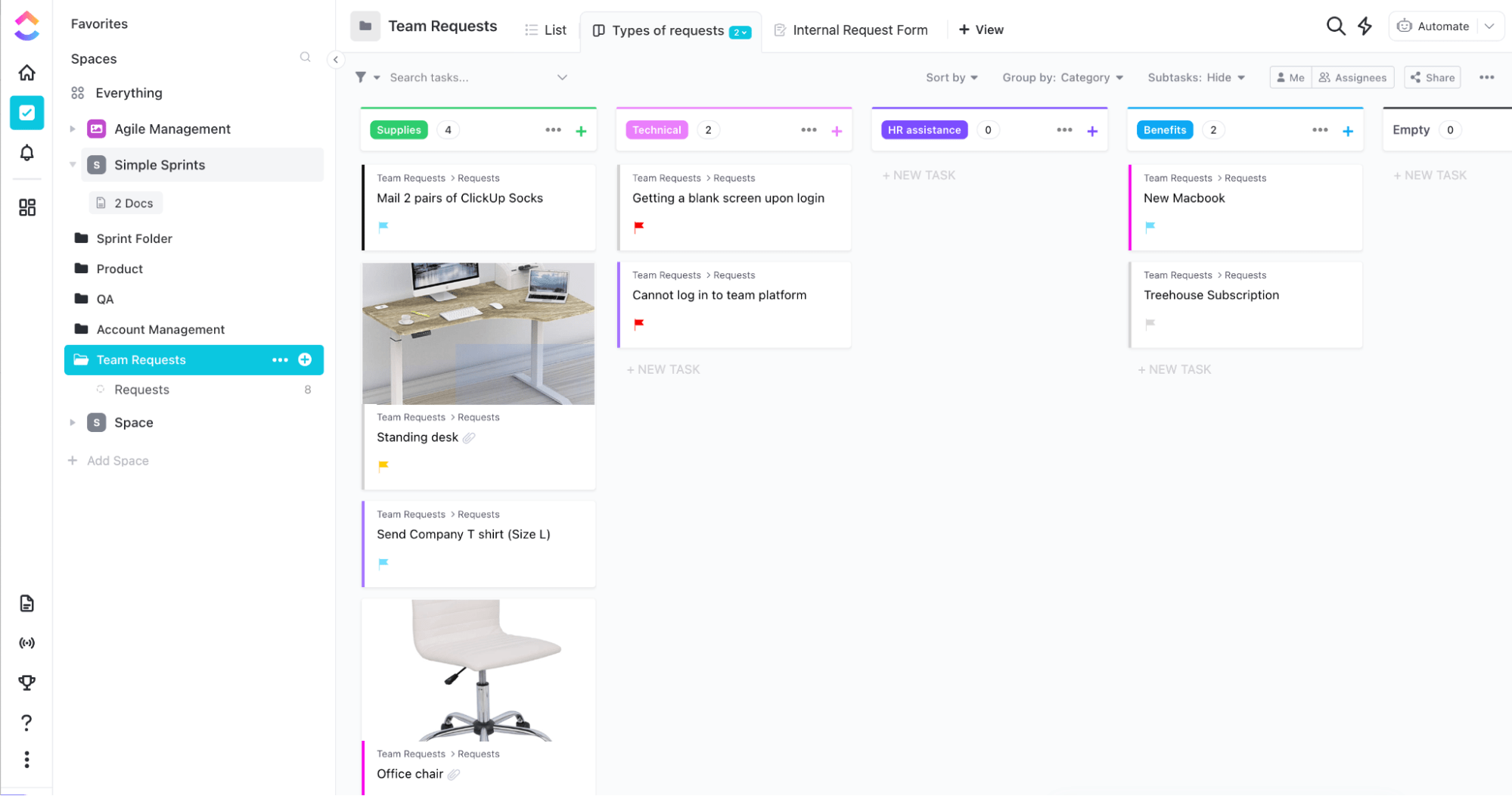 Modèle de tableau Kanban pour les demandes de l'équipe par ClickUp