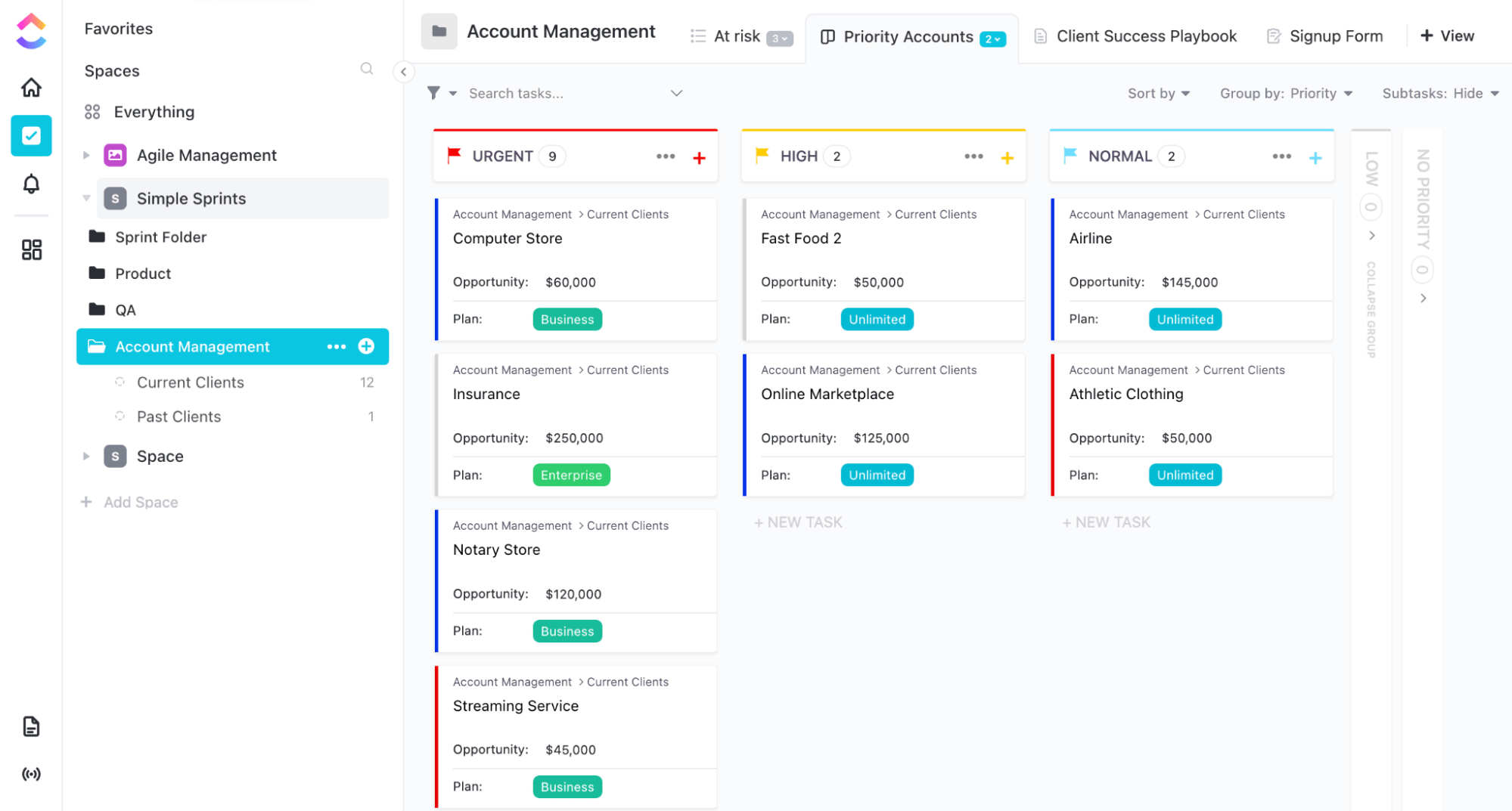 Szablon tablicy Kanban do zarządzania kontem od ClickUp