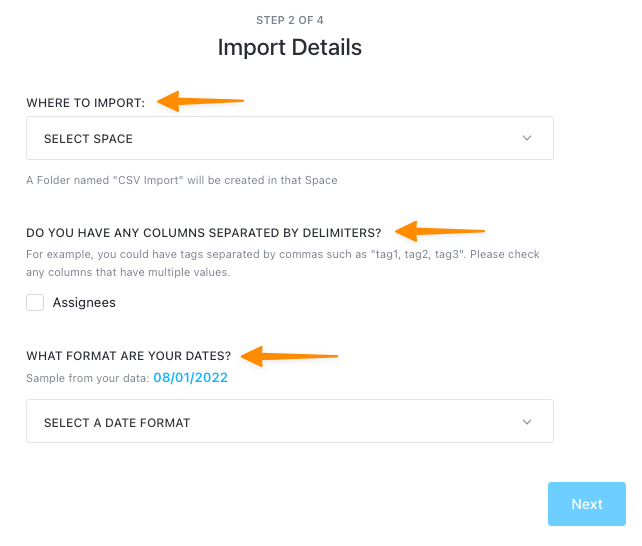 verwenden Sie die Dropdown-Liste, um die Details für den Import in Clickup festzulegen