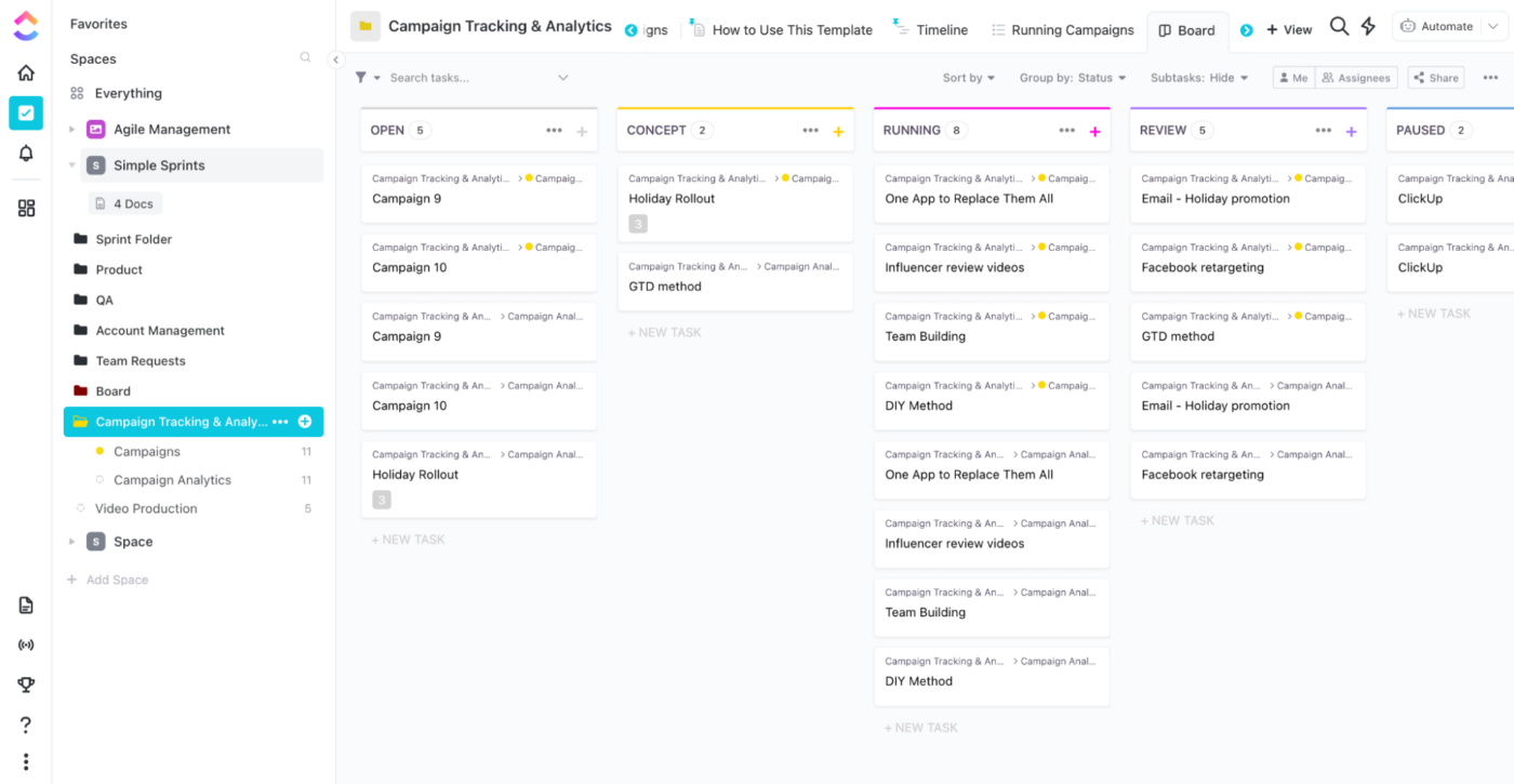 Modèle de tableau Kanban de suivi de campagne par ClickUp