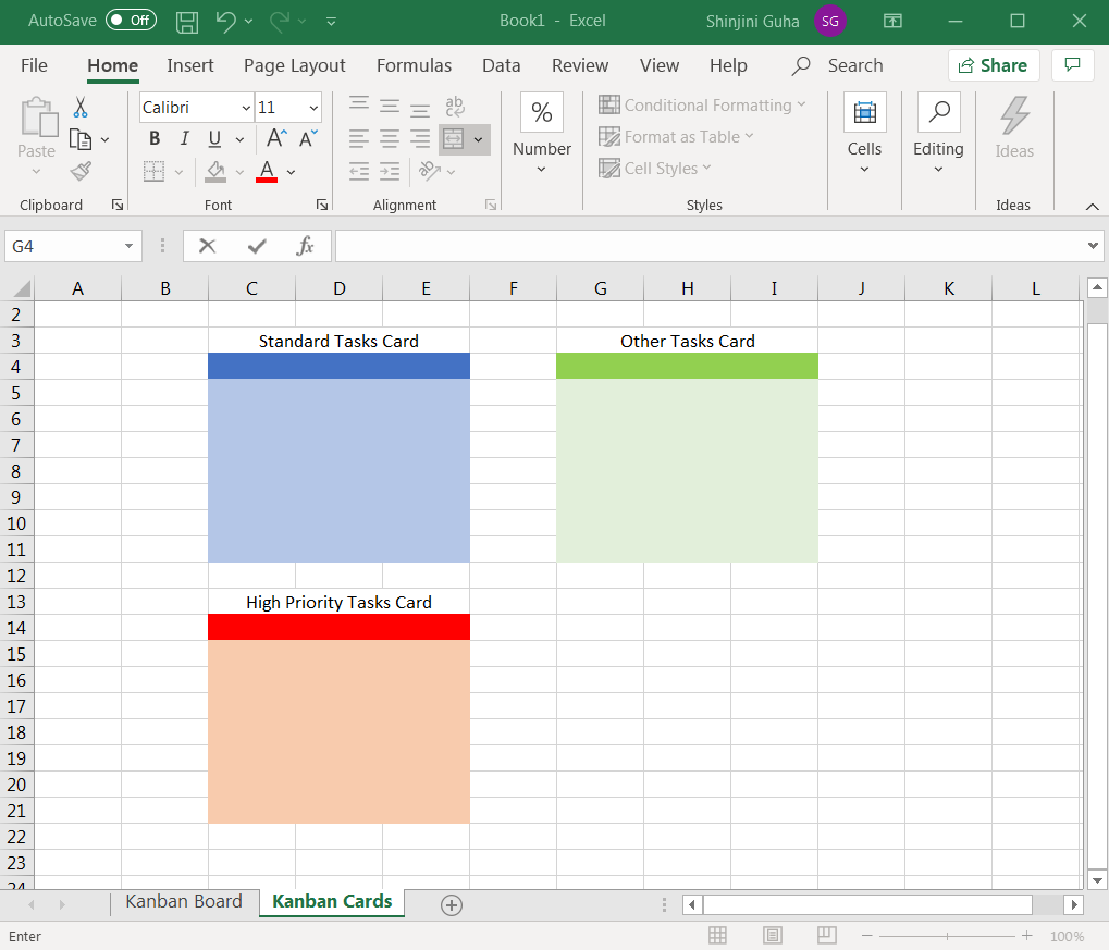 cartões de tarefas no Excel