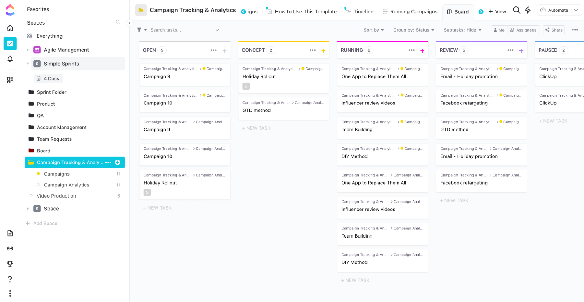 Kampagnenverfolgung Kanban Board Vorlage von ClickUp