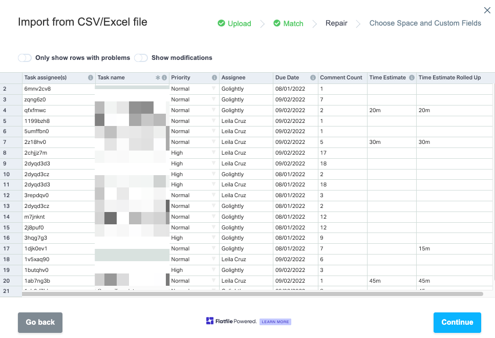 rivedere il set di dati prima di importare il file excel in clickup