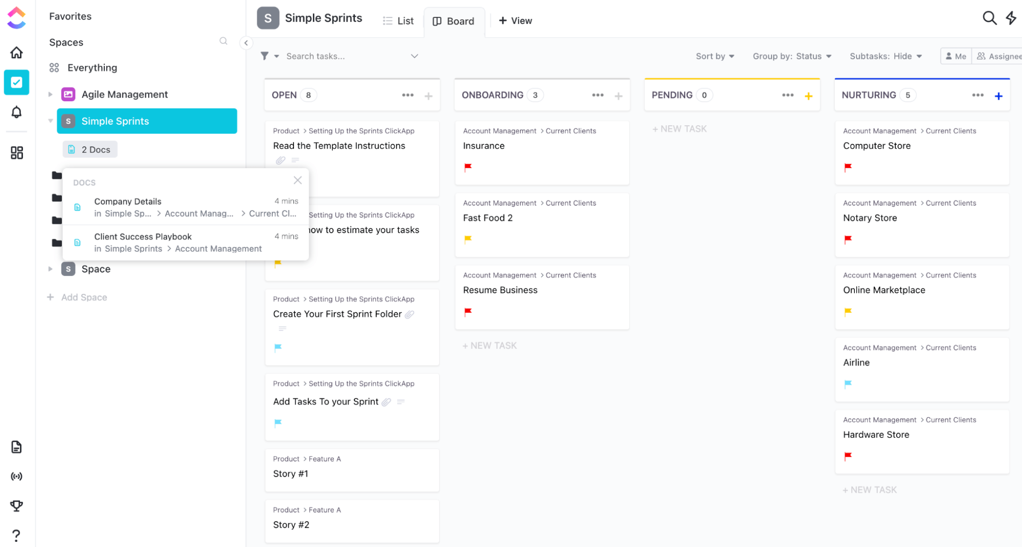 Einfache Sprints Kanban Board Vorlage von ClickUp