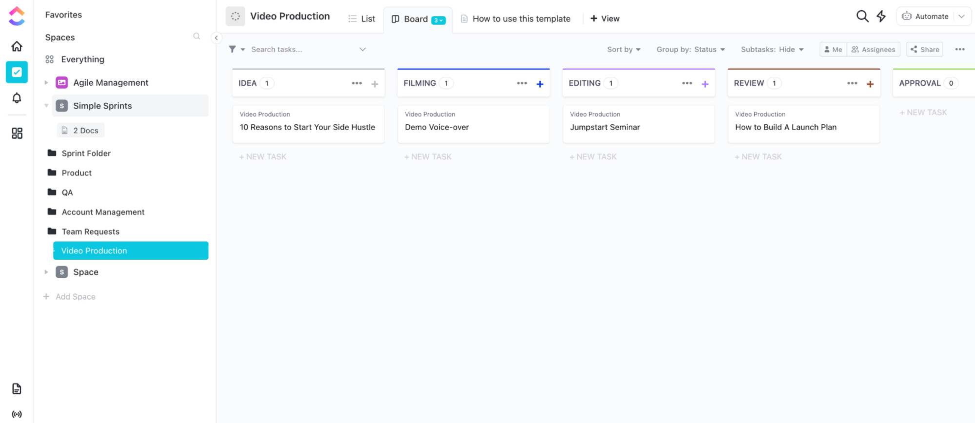 Modèle de tableau Kanban pour la production vidéo par ClickUp