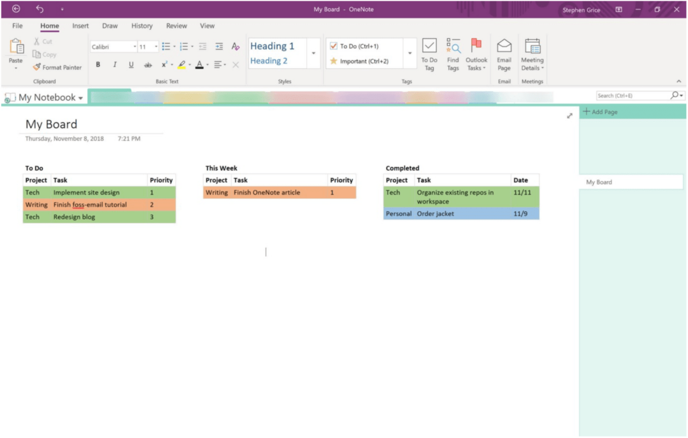 Creare una lavagna Kanban in OneNote