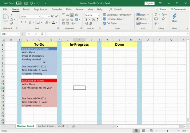 movendo cartões kanban no Excel