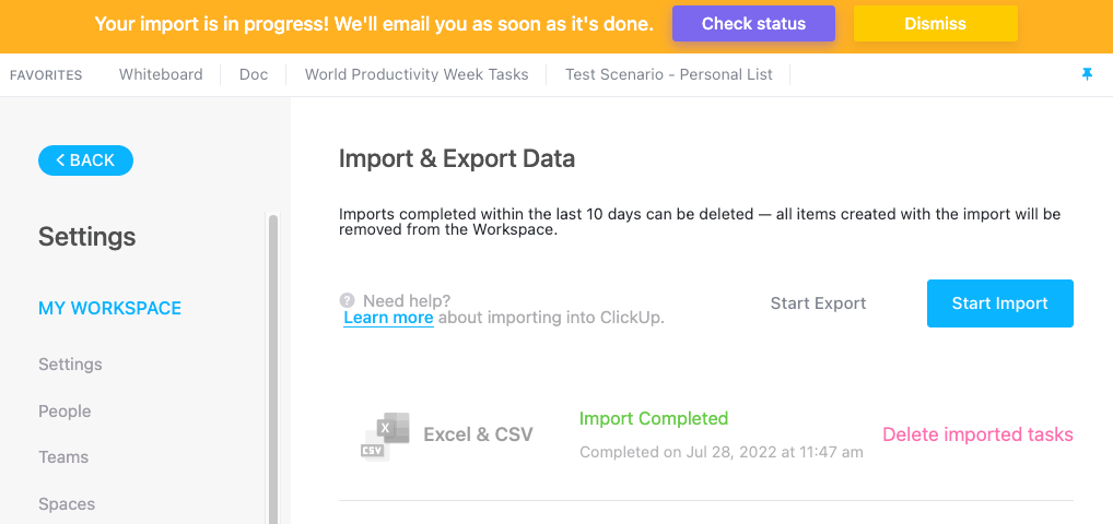 clickup will automatically update your workspace with the imported excel file