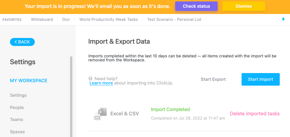 clickup akan secara otomatis memperbarui ruang kerja Anda dengan file excel yang diimpor