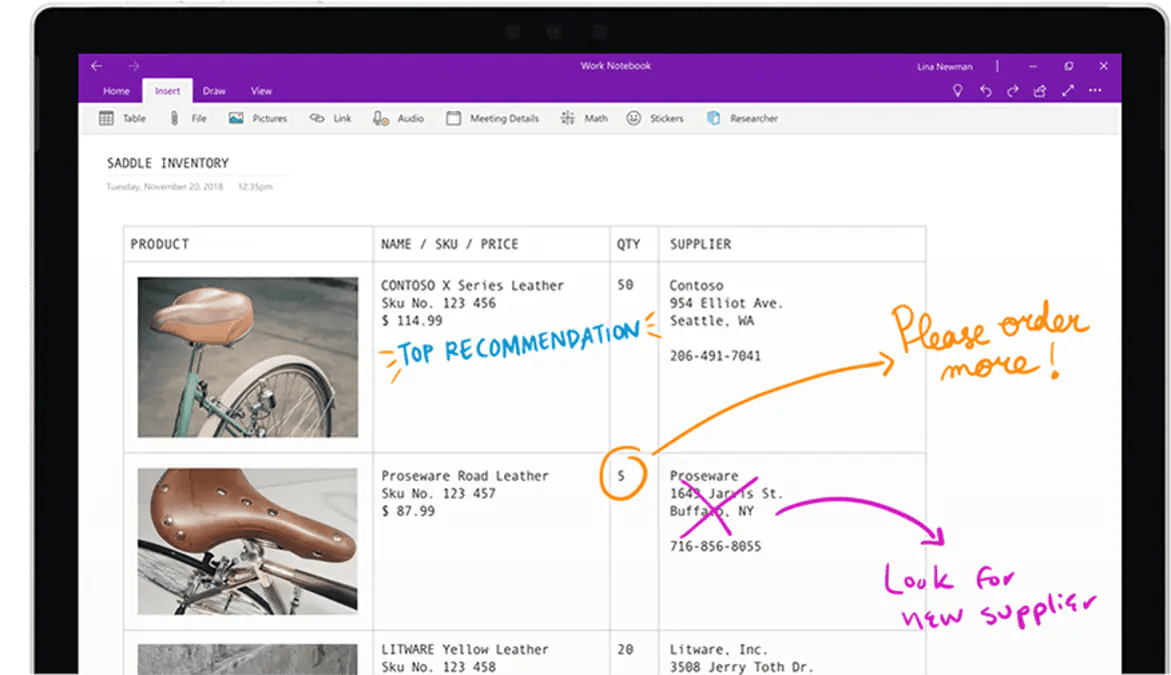 exemple d'une fonction de notes manuscrites dans OneNote