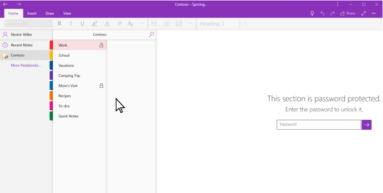 exemple de fonctionnalité de protection par mot de passe dans OneNote