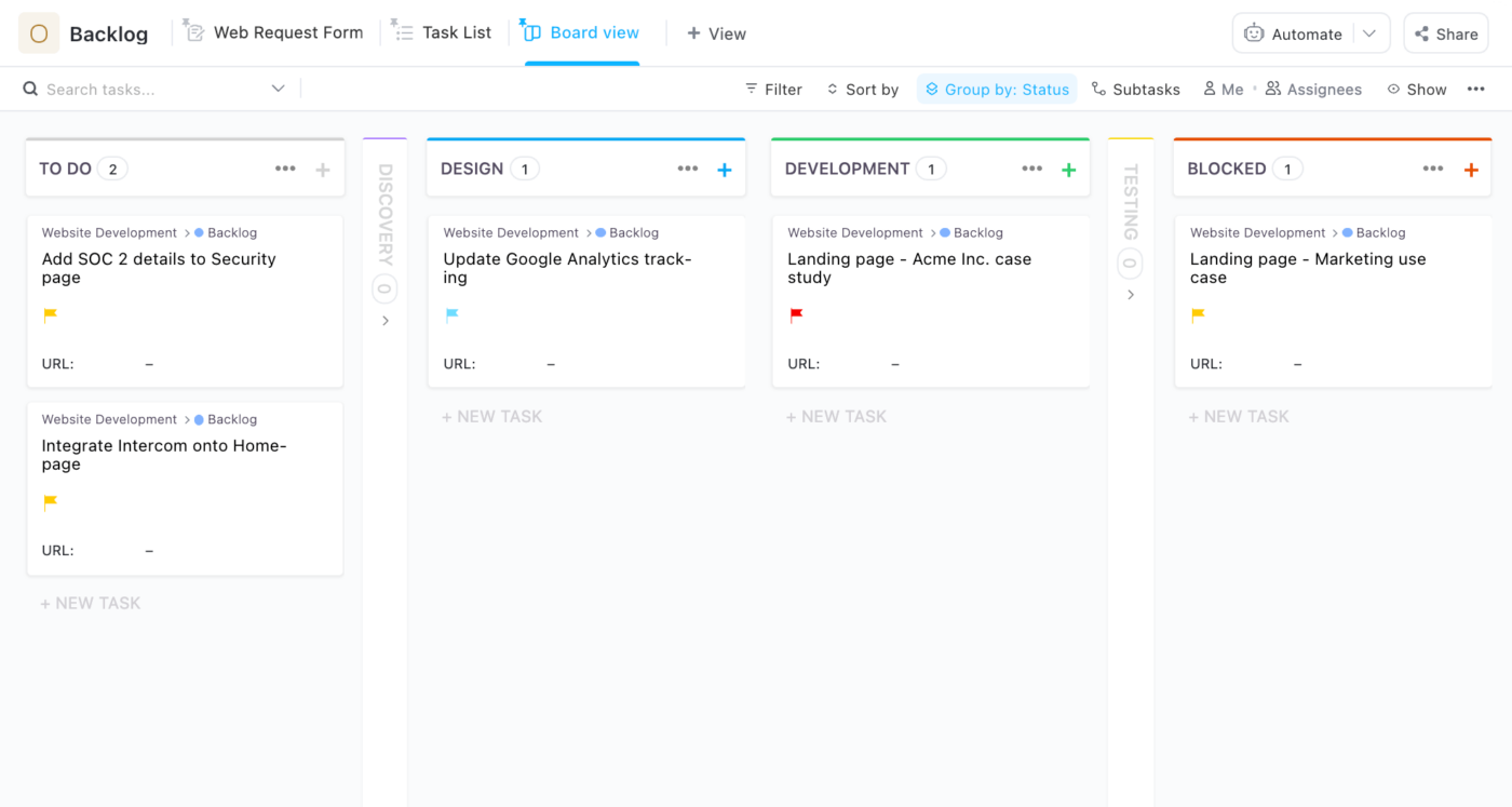 gebruik de kanban-weergave in ClickUp om een specifiek bedrijfsproces weer te geven met de sjabloon voor websiteontwikkeling van Clickup