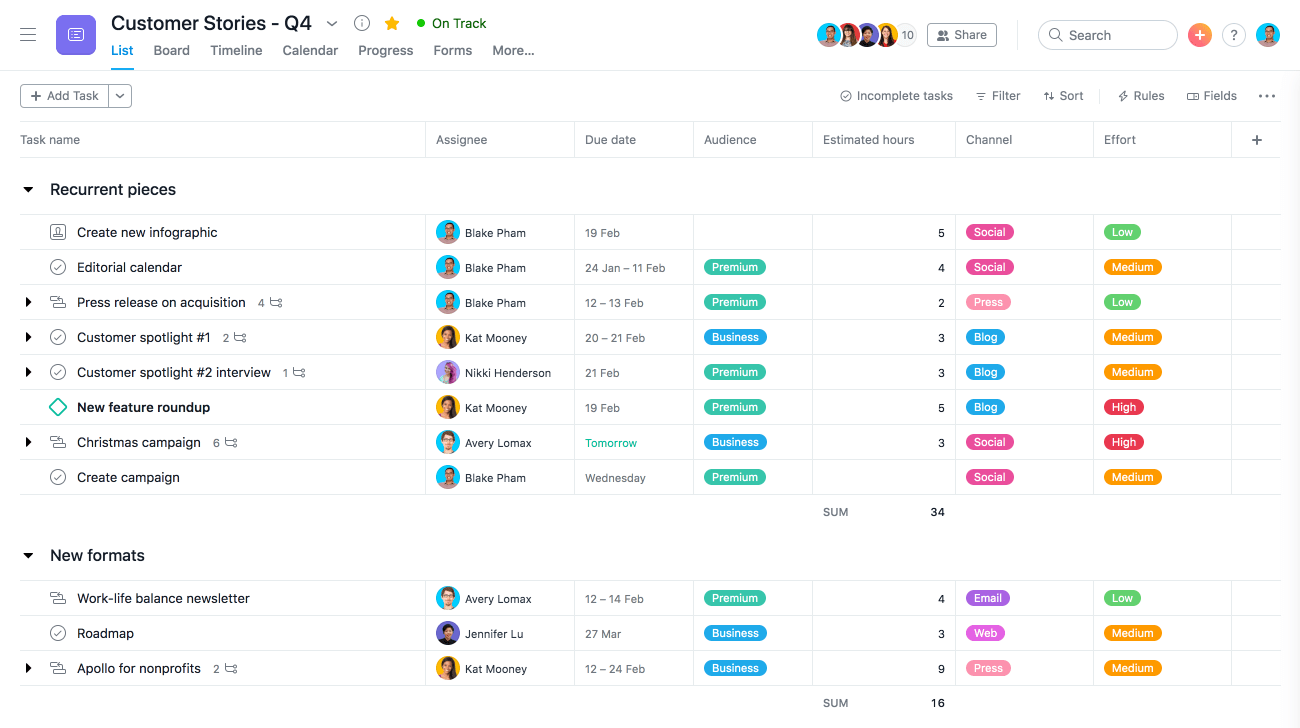 Ejemplo de vista Lista de Hoja de Cálculo de Asana