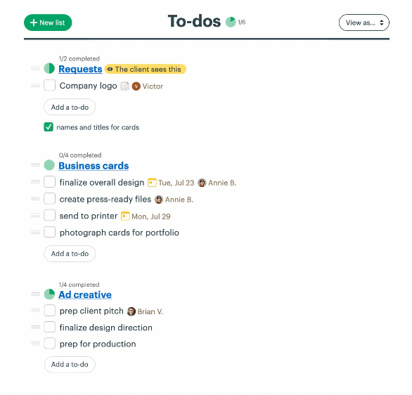 Exemplo de tarefas do Basecamp