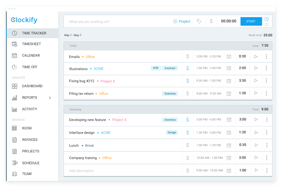 Clockify's Time Tracker tab