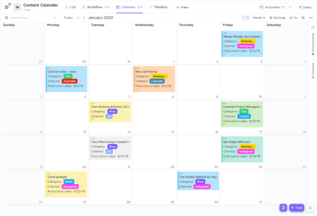 AI calendars: ClickUp Calendar View