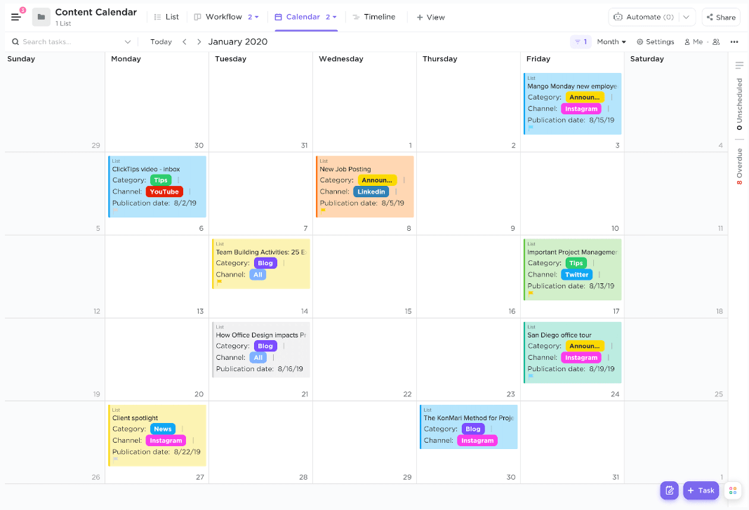 Visualizzazione del calendario di ClickUp