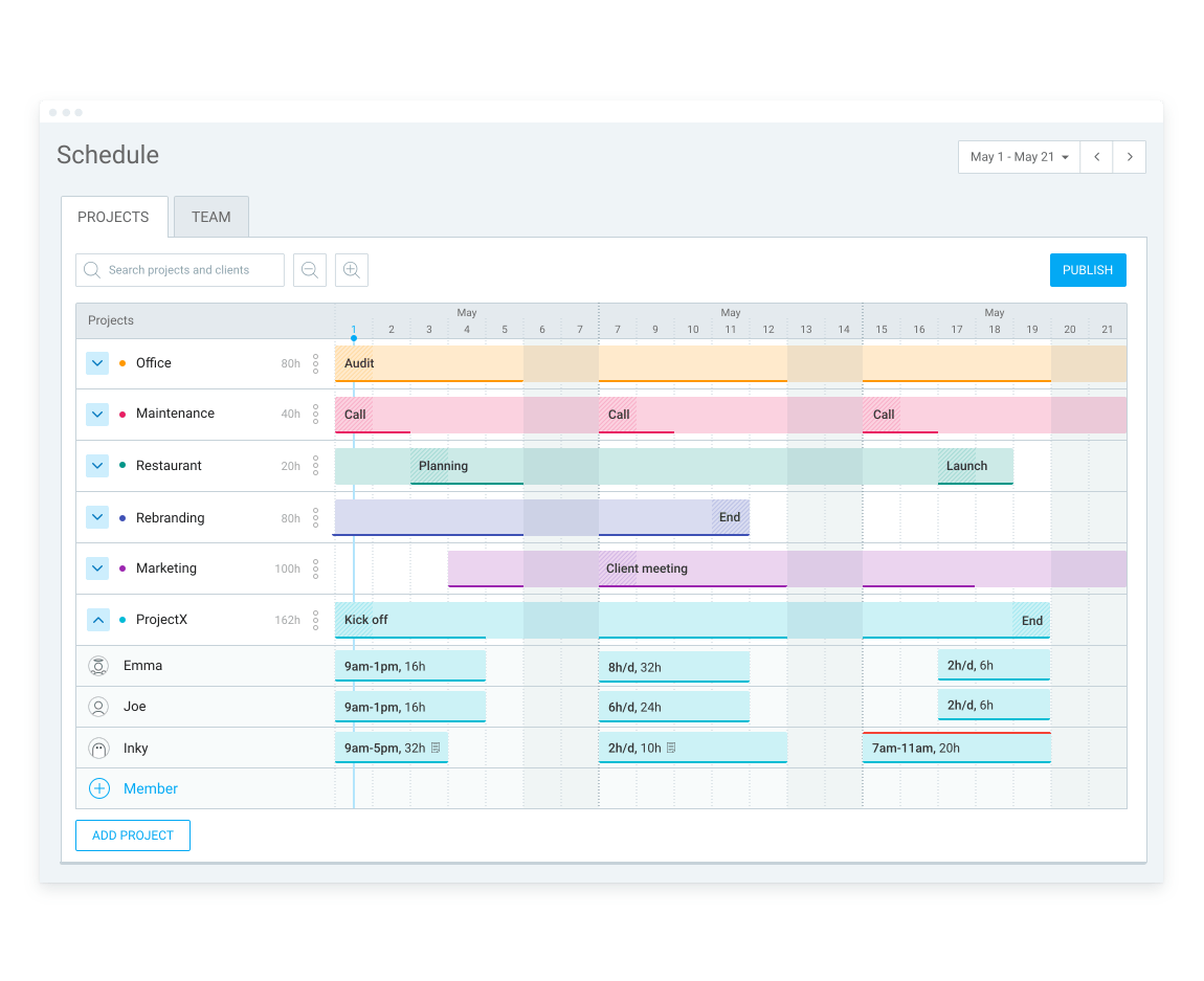 Recurso de agendamento do Clockify para projetos