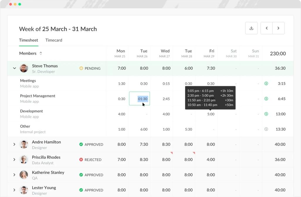 Painel de controle de tempo da equipe Everhour