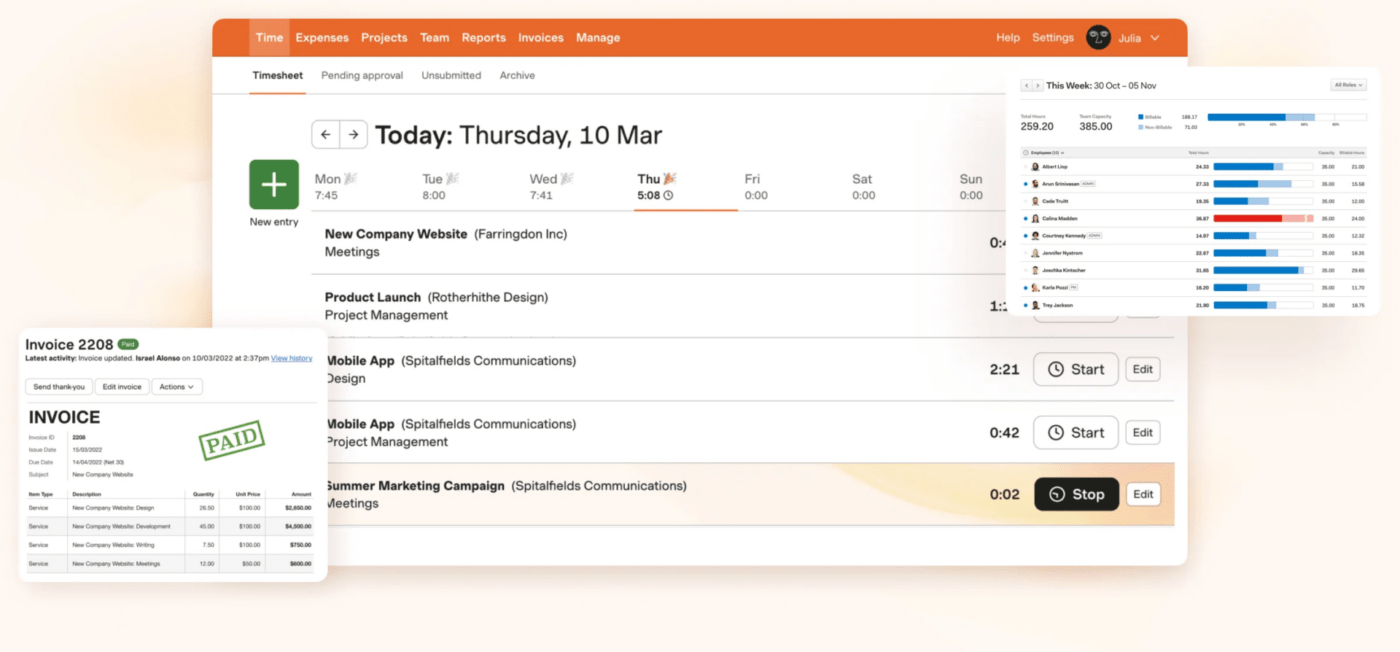 Time tracking software for consultants: Harvest Time Tracking dashboard and reports