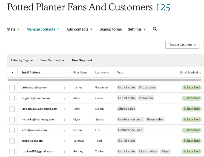 Beispiel für eine MailChimp-Listenansicht