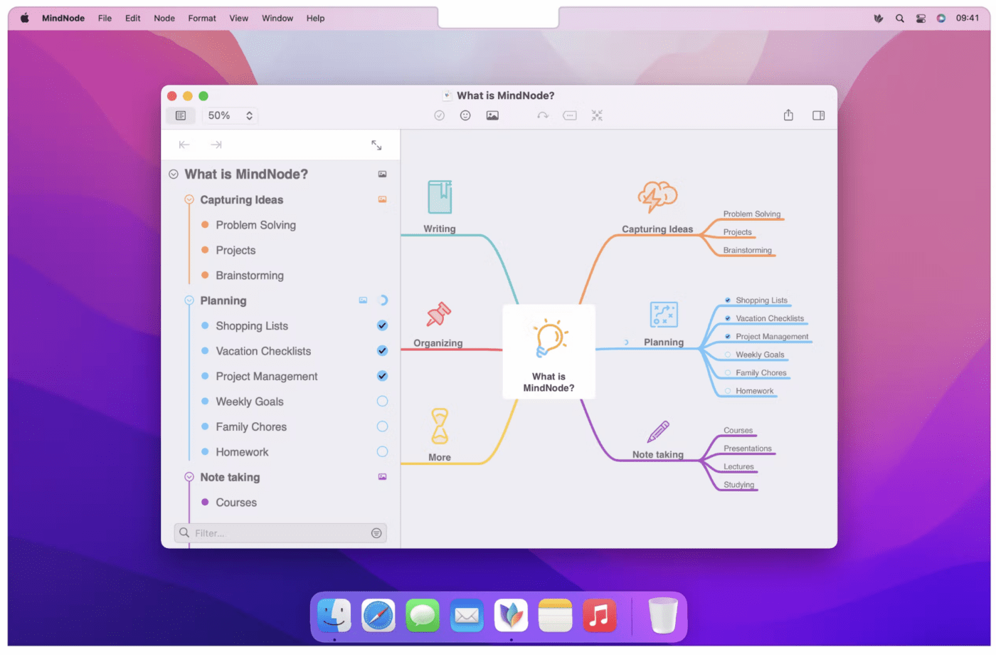 MindNodeとは」画像は、Mac用生産性アプリの最有力候補としてのMindnodeを示しています。直感的で適応性の高いインターフェイスで、ブレーンストーミング、プロジェクトプランニング、メモ書きなど、クリエイティブな用途に幅広く活用できます。  