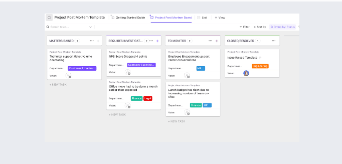 modello di post-mortem del progetto di ClickUp