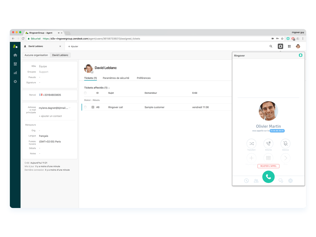 Ringover Zendesk Integration example