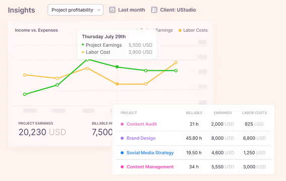 Toggl project management software feature to monitor project profitability