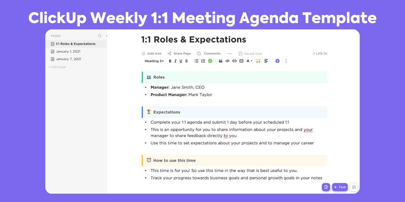 Keep all of your agendas, action items, and feedback all in one organized place with this Weekly One-on-One Template by ClickUp  