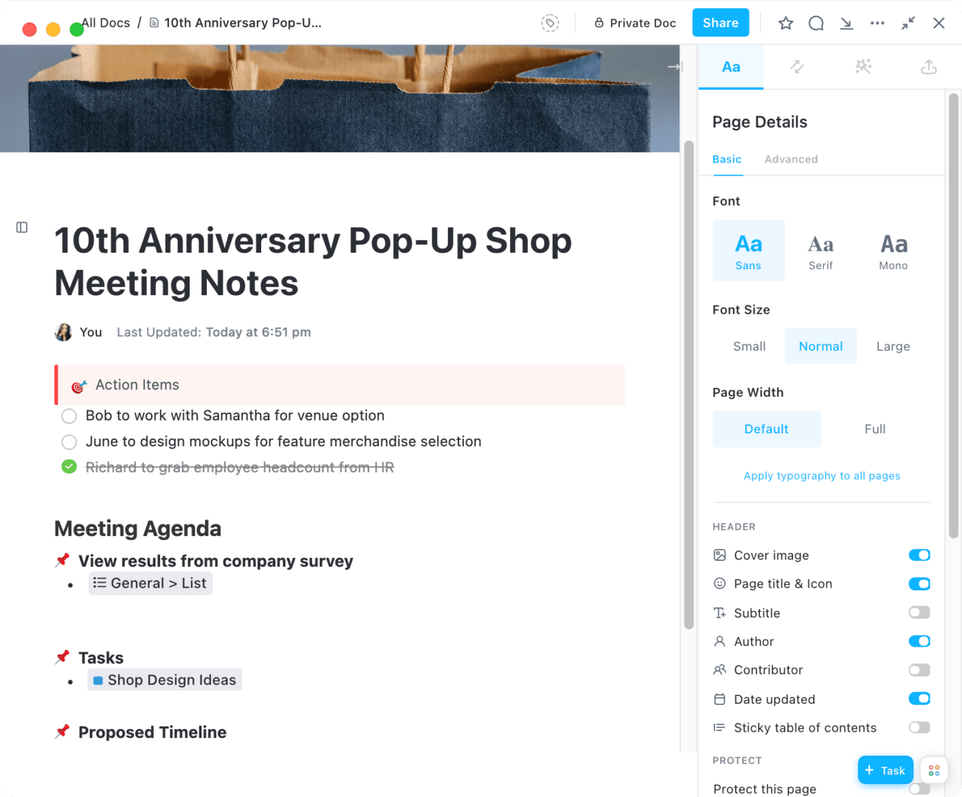 Styling meeting notes in ClickUp Docs
