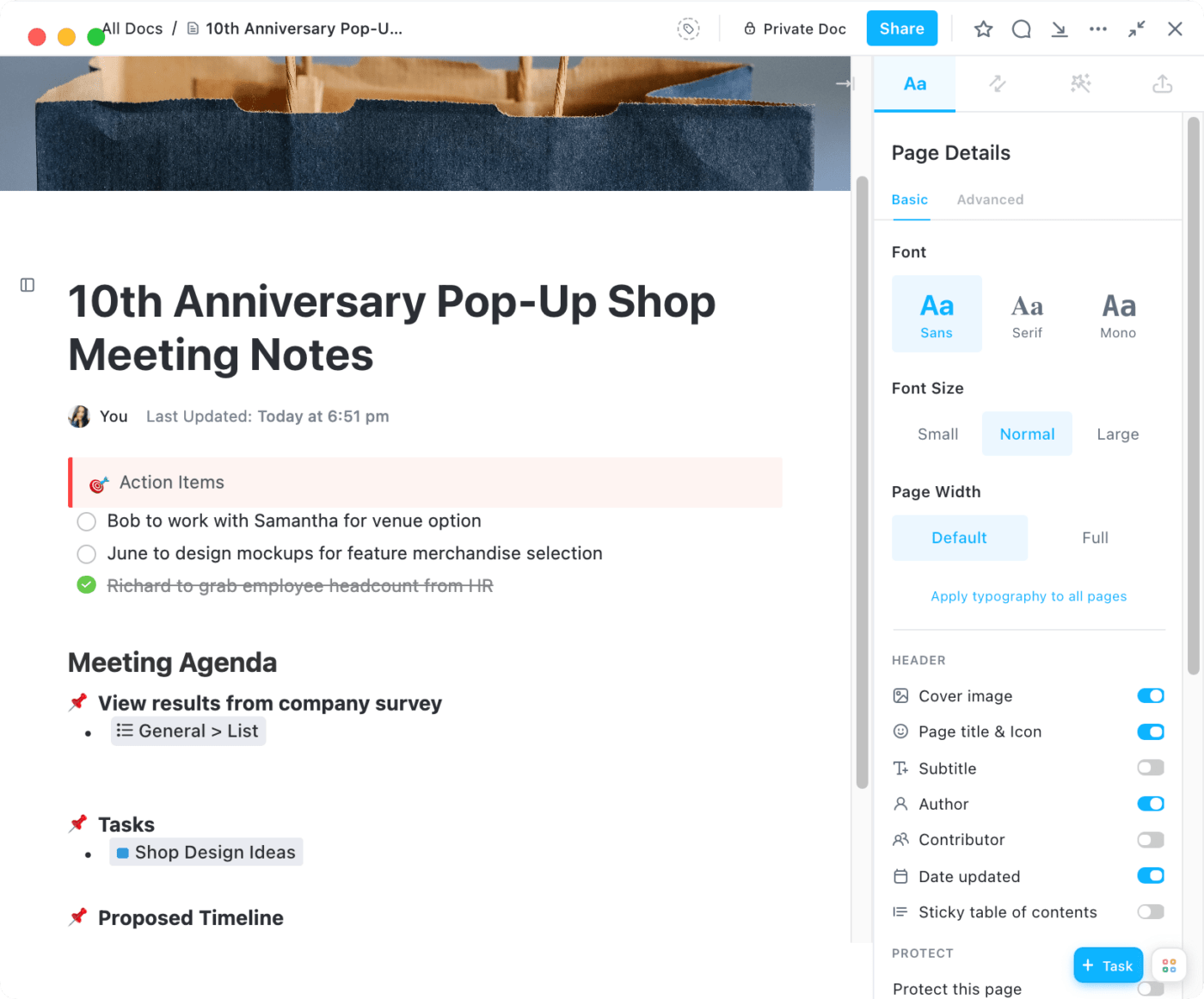 Styling von Meeting Notizen in ClickUp Docs