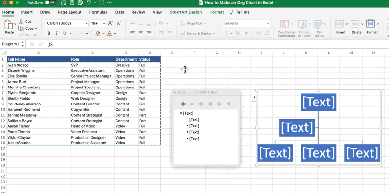 Use the text pane in excel to begin building the organization chart layout 