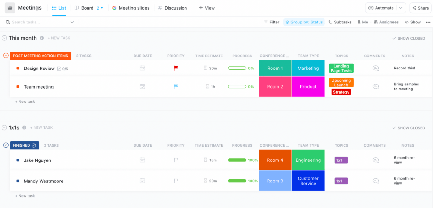 Tome mejores notas y actas de las reuniones a partir de una Lista de ClickUp