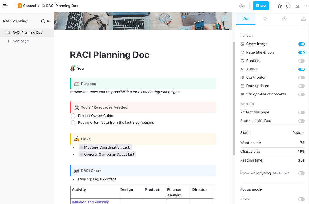 share a clickup doc with your project team to build a raci model or raci matrix