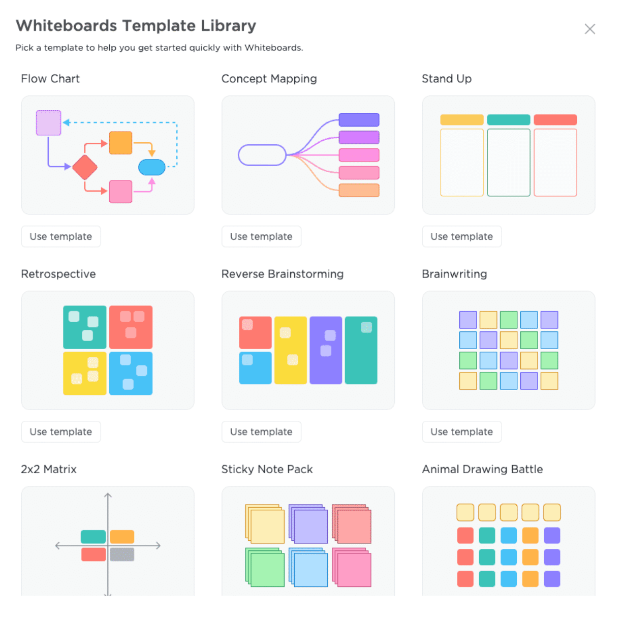 Choisissez un modèle d'organigramme de tableau blanc ClickUp ou commencez avec un nouveau canevas de dessin pour créer des organigrammes