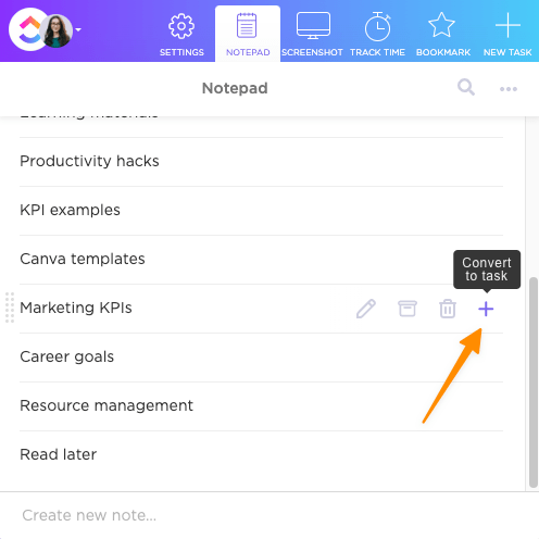Open a meeting note in the clickup notepad to take notes, remember key ideas, and make quick to do lists