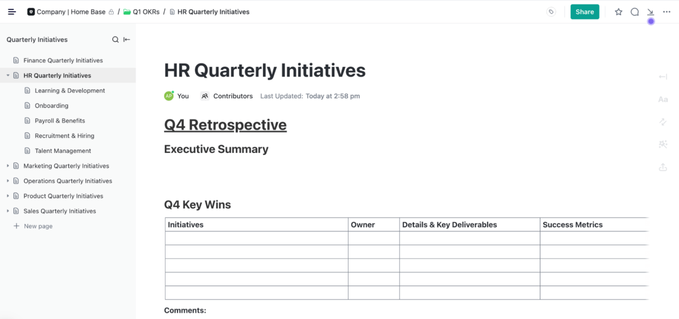 HR Quarterly Initiatives Examples via Spekit