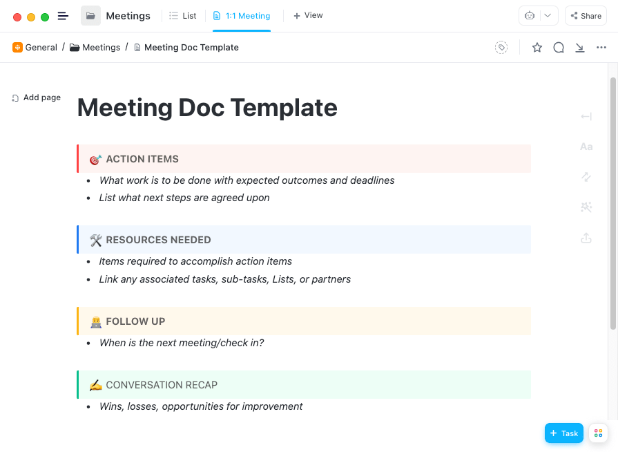Take detailed notes in a clickup doc during a team meeting to keep team members on the same page and prepared for the next meeting