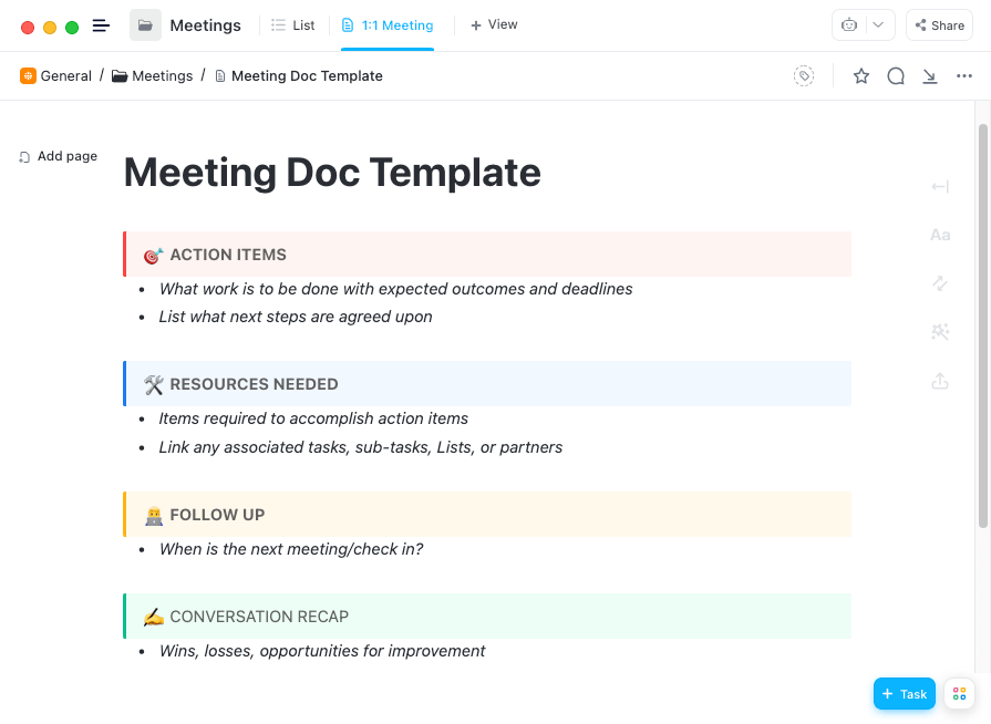 Tomar notas detalladas en un documento de ClickUp durante una reunión de equipo para mantener a los miembros del equipo en la misma página y preparados para la siguiente reunión