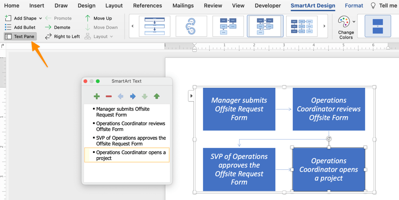 utilice la ventana del panel de texto para añadir contenido a su diagrama de flujo en word