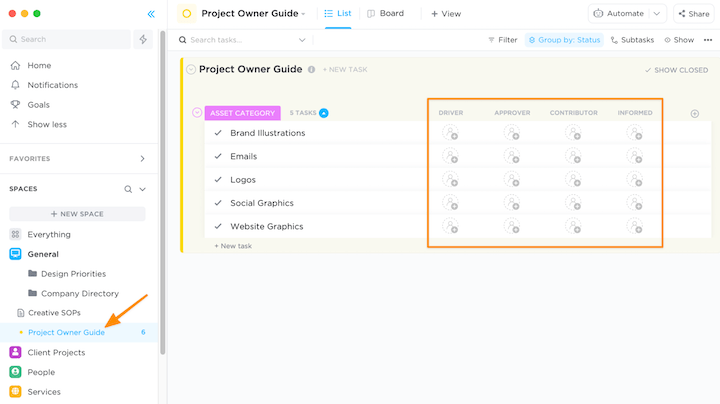 construire facilement une matrice d'attribution des responsabilités dans clickup et assigner un membre de l'équipe aux rôles du projet