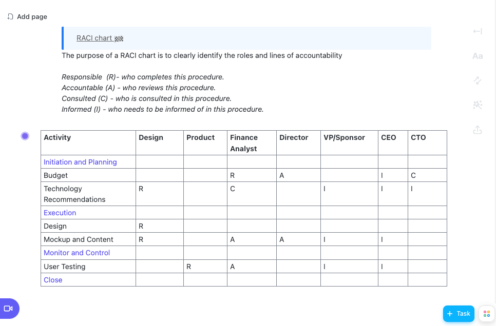 linear responsibility chart template