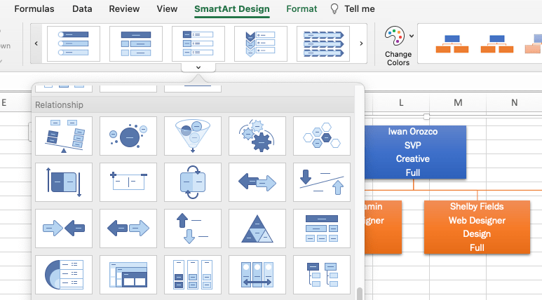 open the smartart graphics to use an organizational chart template in excel