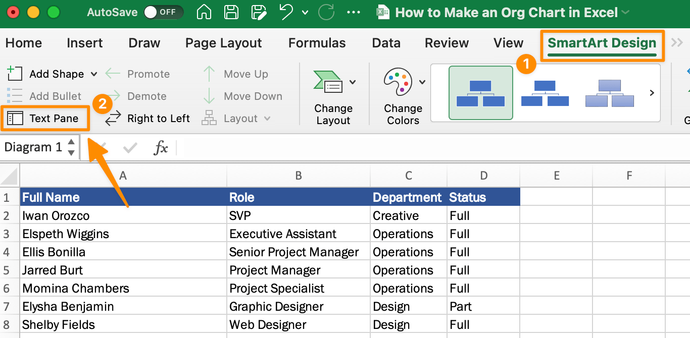 open the text pane to edit the organization chart or use the smartart tools design tab