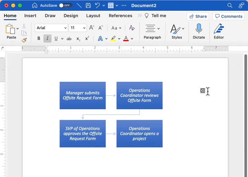 Verwenden Sie die Menüs für den Umriss der Formen, um die Füllung Ihres Flussdiagramms zu ändern